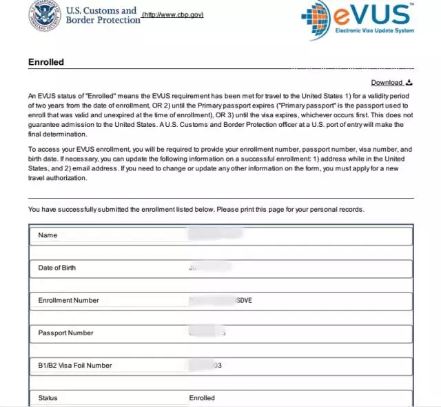 美国签证EVUS系统登记成功确认页面